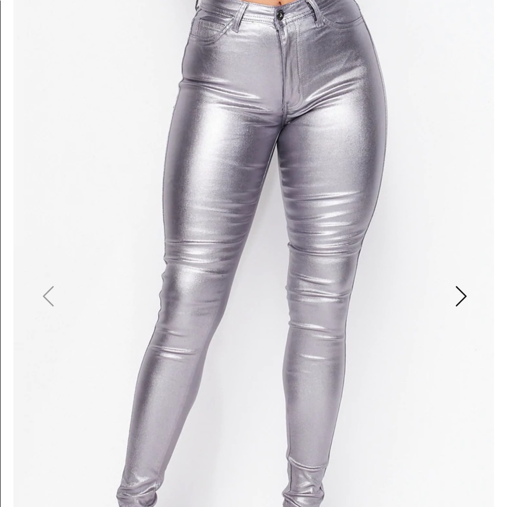 Super High Waisted Faux Leather Stretchy Skinny Jeans - Metallic Silver